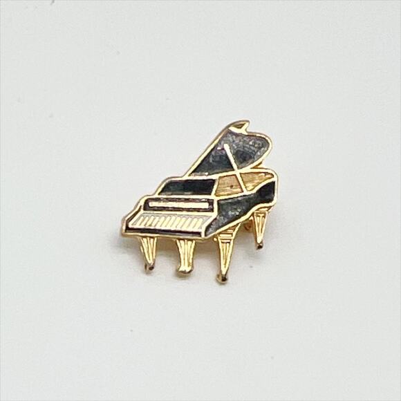 Vintage Grand Piano Mini Brooch Lapel Pin Black Enamel Inlay Gold Tone - Picture 1 of 3